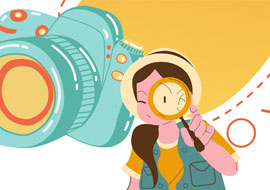 illustration of a camera and a girl looking through magnifying glass