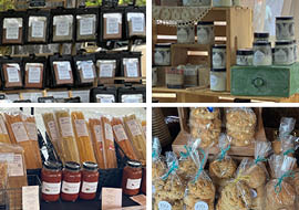 collage of pastas, seasonings, candles and baked goods