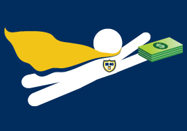 illustration of a hero stick figure flying with a stack of bills