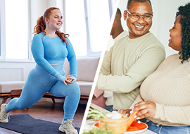 collage of person practicing yoga and a couple cooking