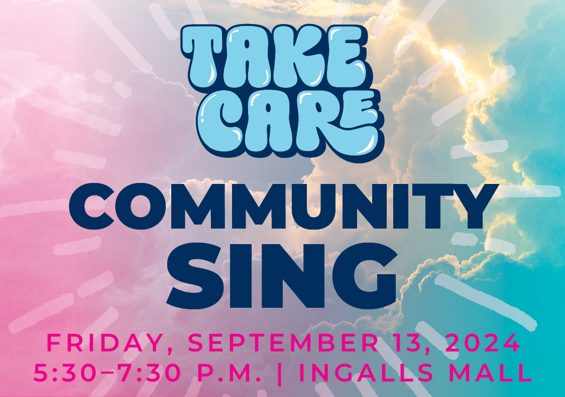 Take care community sing on a tie dye background