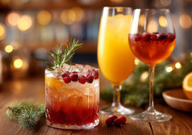 festive beverages with cranberries and rosemary