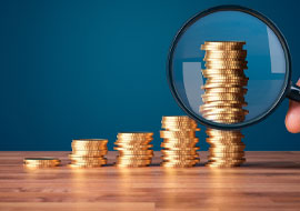 stacks of coins with a person holding a magnifying glass infront of them