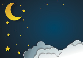 an illustrated of a night sky with a crescent moon and clouds