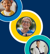 a collage of a child, an elderly woman and a man with a broken arm