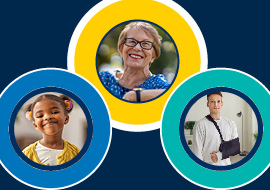3 decorative circles with a child, elderly woman and a man with a broken arm inside each cirlcle