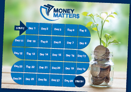 Image of the Money Matters gamebard, a jar filled with coins and a plant growing out of it
