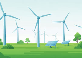 Illustration of wind turbines, trees and solar panels