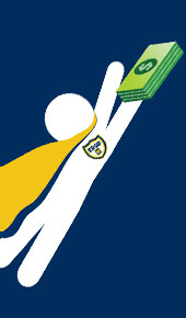 illustration of a stick person with super hero cape and holiding money