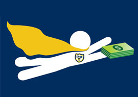 illustration of stick figure wearing a cape and holding money