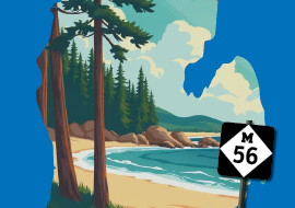 State of Michigan with a beach scene and a sign that says M56