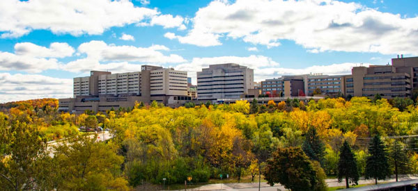 Wide shot of Michigan Medicine with fall trees in the foreground
